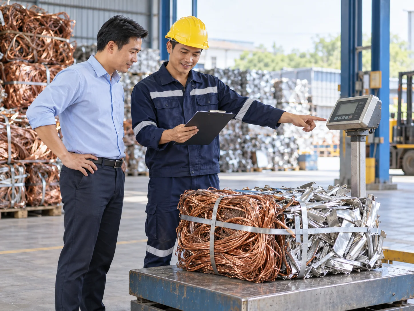 Minh họa khách hàng và nhân viên cùng kiểm tra cân đo phế liệu