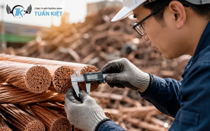 Kỹ thuật viên dùng thước kẹp đo tiết diện cáp lõi đồng đỏ để xác định tỷ lệ tạp chất